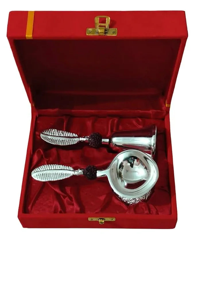 Silver Pooja Bell & Diya Set (With Red Gift Box)