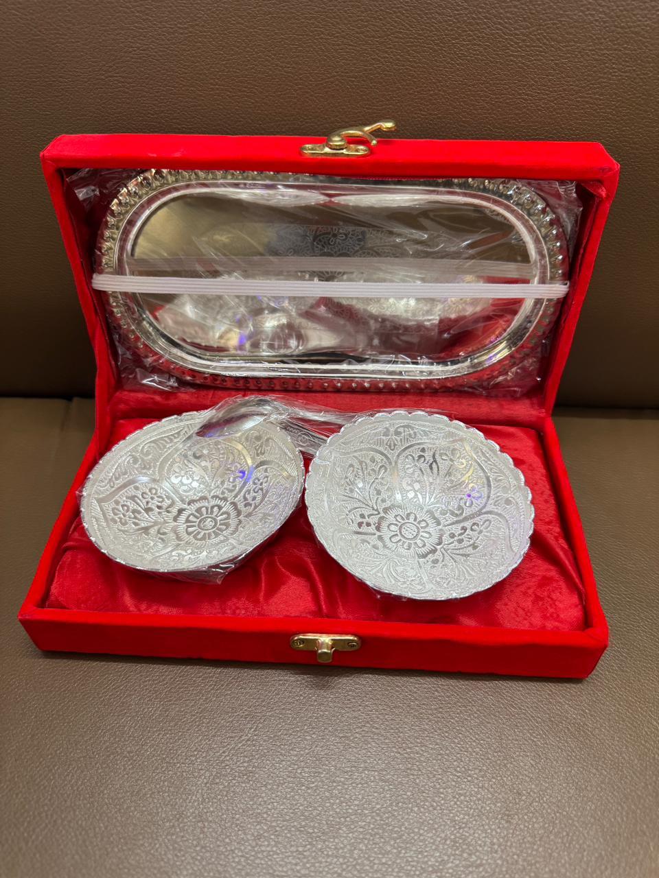 Silver Plated Bowl & Spoon Set with Tray in Red Velvet Box