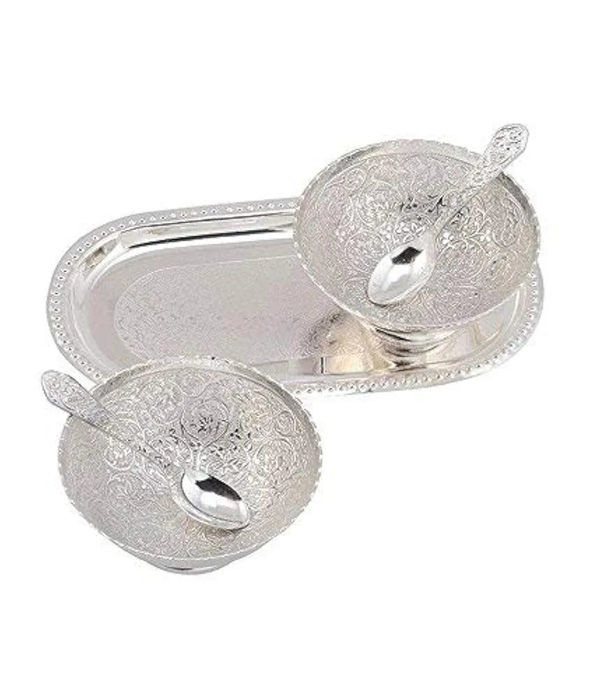 Silver Plated Bowl & Spoon Set with Tray in Red Velvet Box