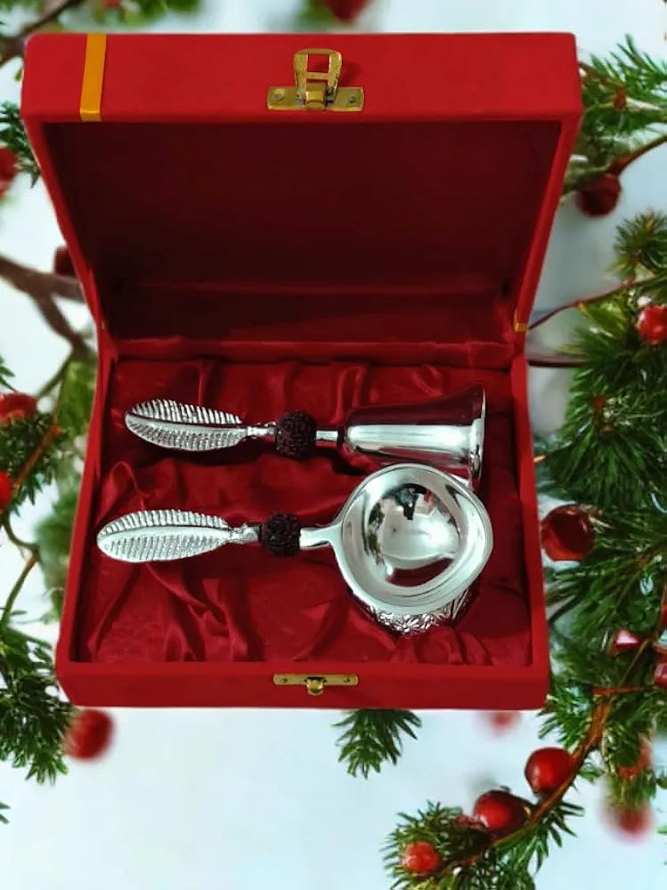 Silver Pooja Bell & Diya Set (With Red Gift Box)