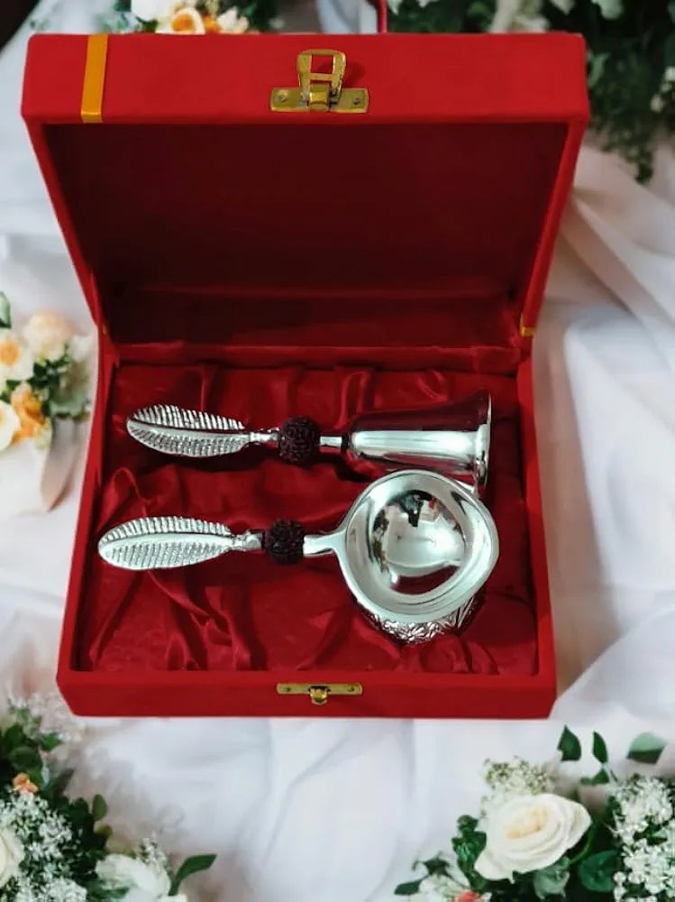 Silver Pooja Bell & Diya Set (With Red Gift Box)