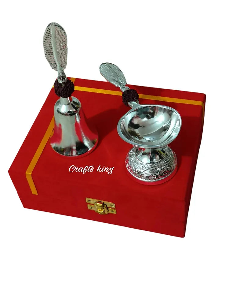 Silver Pooja Bell & Diya Set (With Red Gift Box)