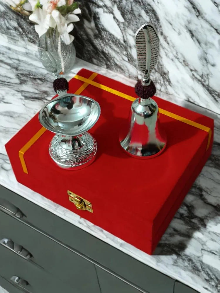Silver Pooja Bell & Diya Set (With Red Gift Box)