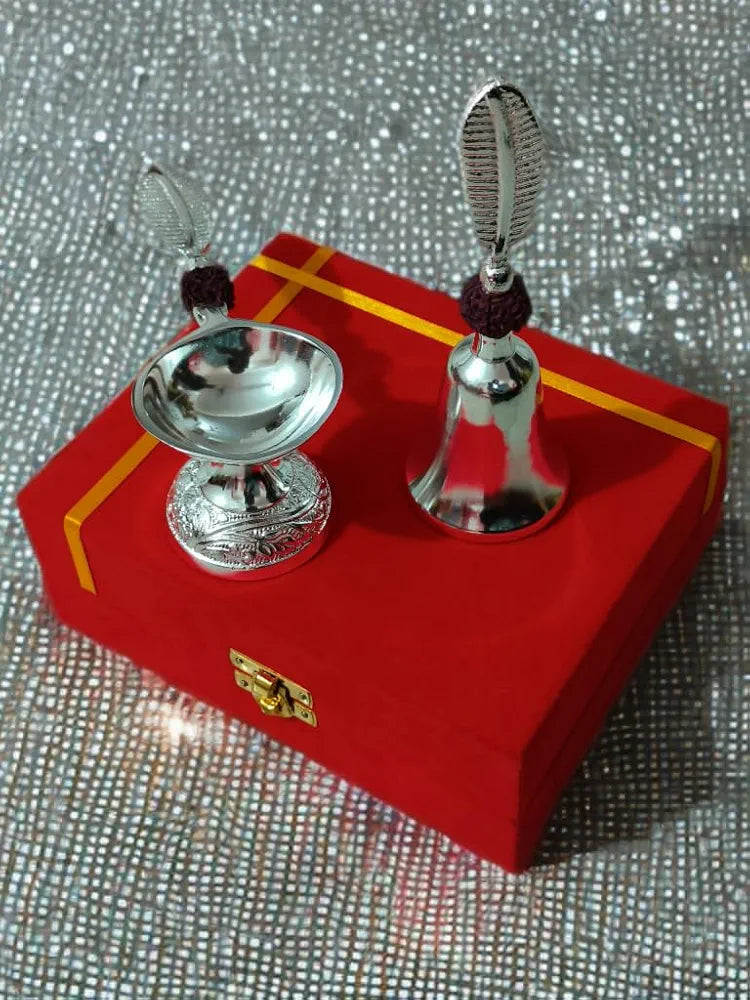 Silver Pooja Bell & Diya Set (With Red Gift Box)
