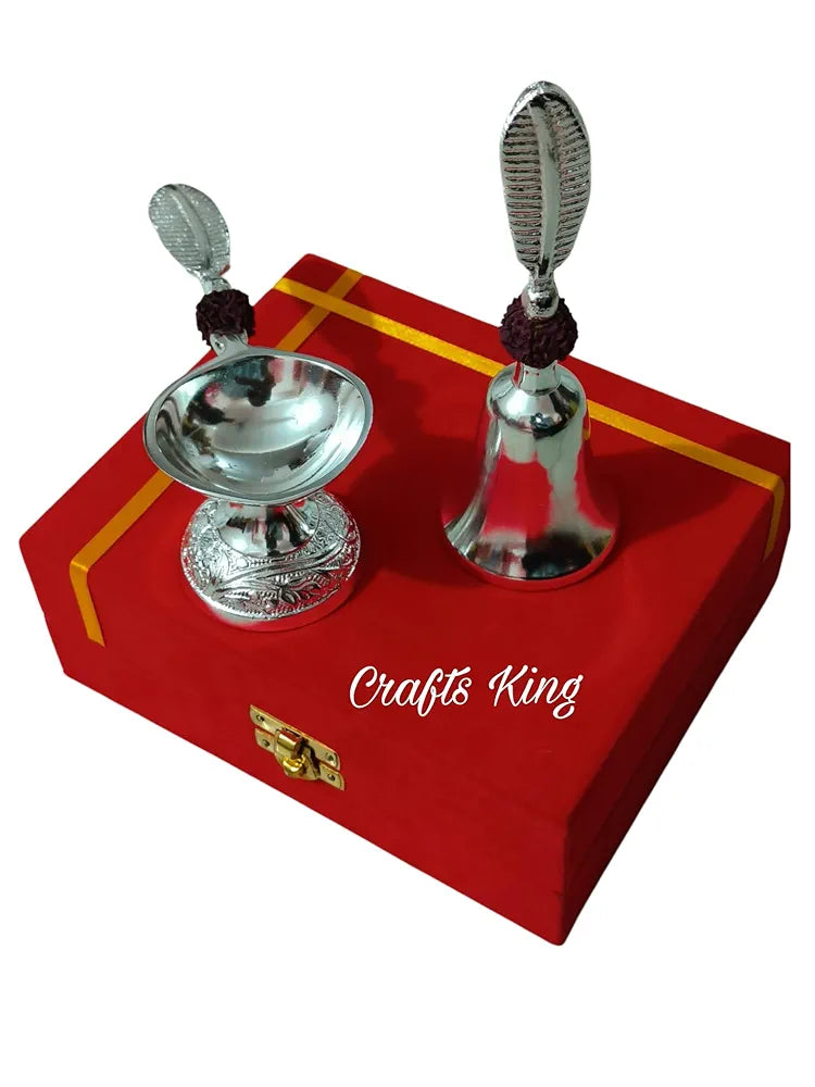 Silver Pooja Bell & Diya Set (With Red Gift Box)