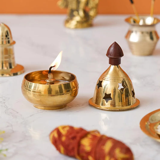 Brass Covered Diya with Star Cut Design (8.5 cm) – Traditional Oil Lamp