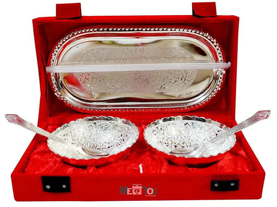 Silver Plated Bowl & Spoon Set with Tray in Red Velvet Box