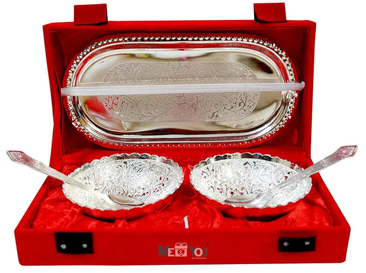 Silver Plated Bowl & Spoon Set with Tray in Red Velvet Box