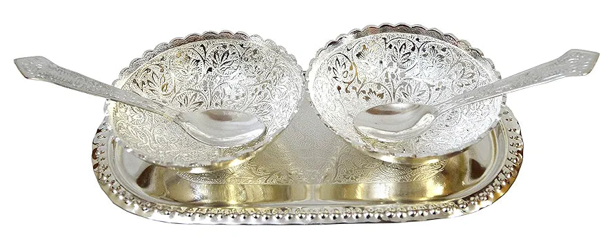 Silver Plated Bowl & Spoon Set with Tray in Red Velvet Box